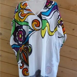 Trina Turk Aquarius Cotton Silk Caftan Swimsuit Cover Up Tunic Dress Size XS